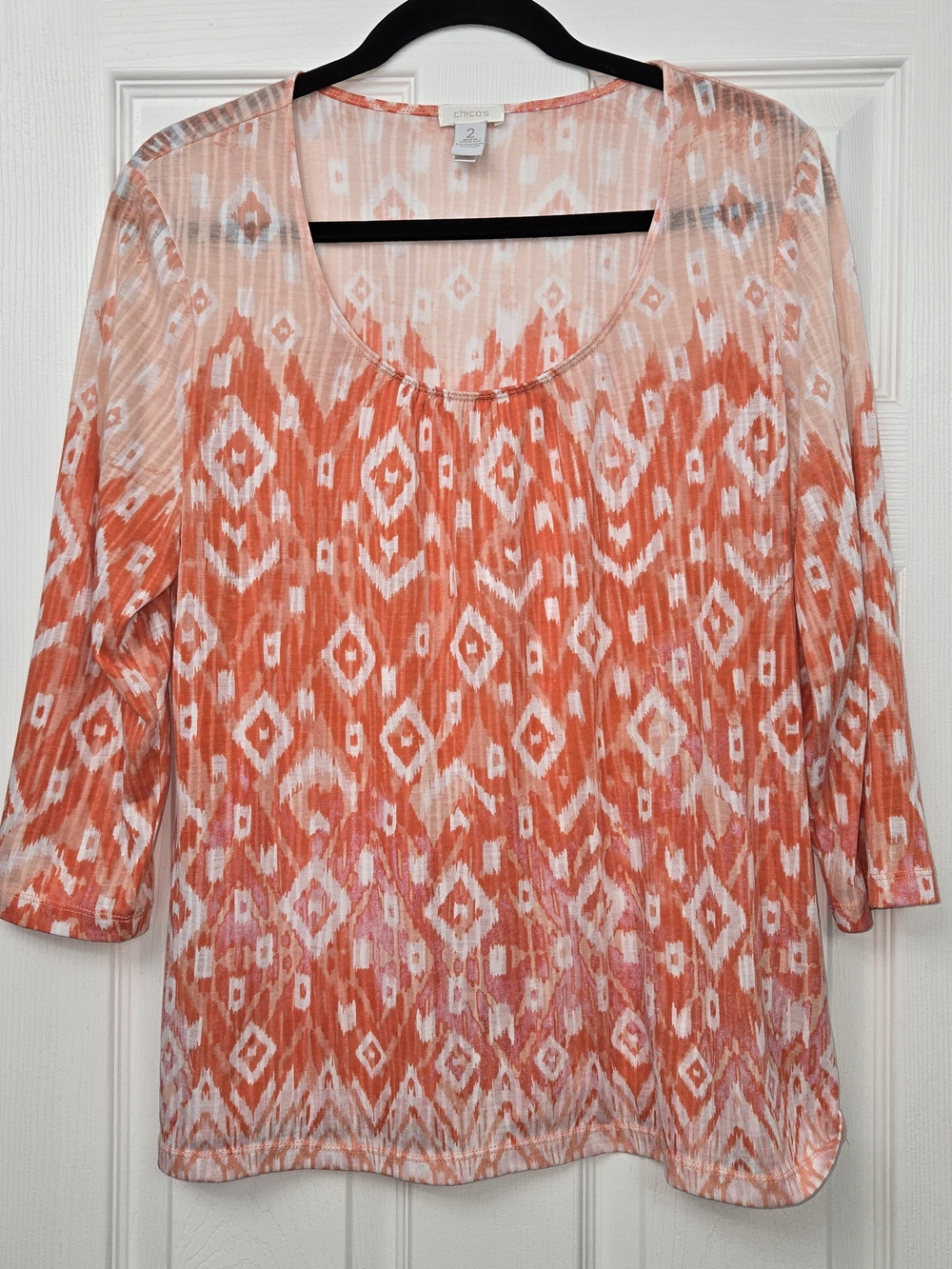 ​Chico's Ikat Diamond Geometric Print Blouse Orange Coral 3/4 Sleeve Top Sz 2/L